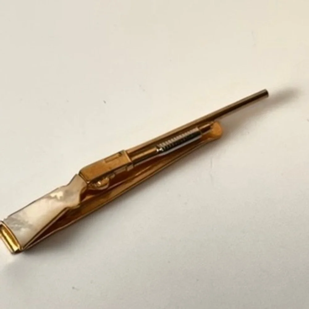 Vintage Rifle Tie Clip Gold Tone Mother of Pearl Inlay Western Goth Boho Chic